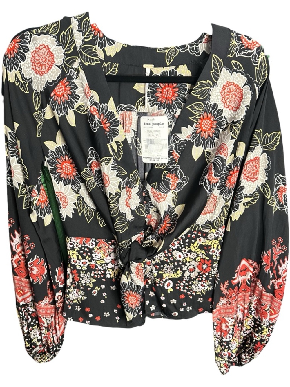 NWT Free People Black Floral Tie-Front Blouse with Red and Cream Accents Size XS